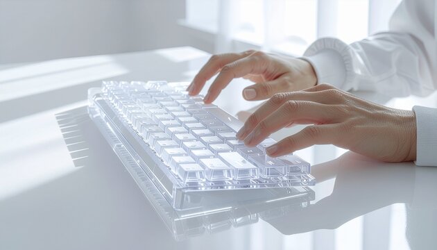 Close-up of hands typing on a transparent keyboard with soft natural light casting shadows - Powered by Adobe