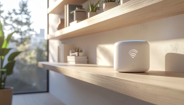 Modern smart home hub with a wireless signal icon sits on a wooden shelf in a sunlit, contemporary interior