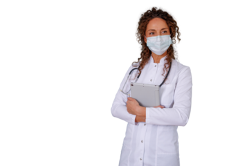 Female doctor wearing face mask and stethoscope, holding a digital tablet, standing on transparent background