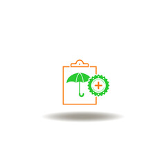 Vector illustration of clipboard with umbrella and seal with medical cross. Symbol of HRA Health Reimbursement Arrangement.