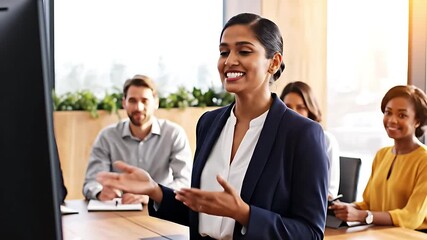 Dynamic Indian business woman leading a professional team meeting actively presenting and discussing ideas in a modern corporate office environment - Powered by Adobe
