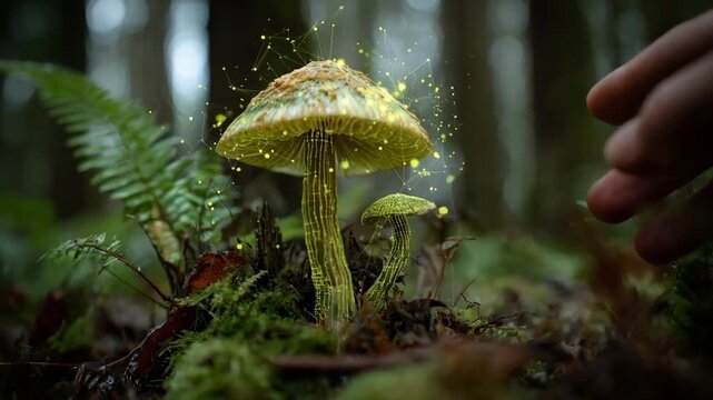 Medium shot of an interactive digital mushroom farm tour highlighting clickable hotspots and educational content on sustainable farming practices.