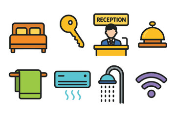 A collection of colorful flat icons illustrating essential hotel services and amenities for travelers.