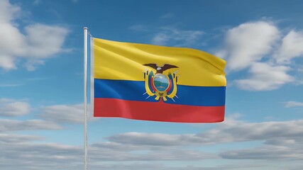 Ecuadorian flag proudly waves in bright blue sky with fluffy clouds, symbolizing national pride and freedom