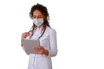 Female doctor wearing a face mask and white uniform checking information on a tablet computer, representing telemedicine and health tech, transparent background