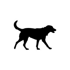 Silhouette of a dog walking with its tail up and mouth open on a white background in a simple style