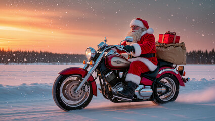 Santa Claus riding red motorcycle through snowy landscape at sunset with gift bag and presents