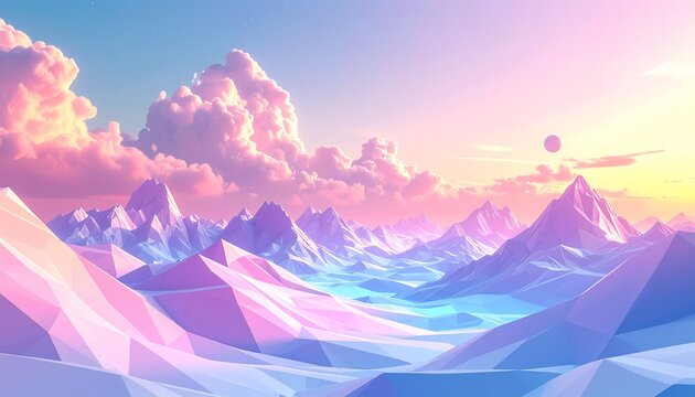 Pastel Mountains and Clouds Digital Art Landscape with Warm Light and Geometric Shapes