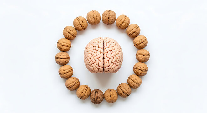 A Circular Arrangement of Walnuts Encircling a Realistic Brain Model, Symbolizing Cognitive Health and Mental Acuity