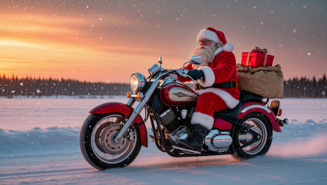 Santa Claus riding red motorcycle through snowy landscape at sunset with gift bag and presents