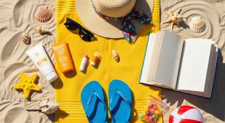 Beach day essentials laid out on the sand for vacation fun and relaxation under the summer sun