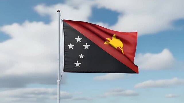 Papua New Guinea flag proudly waving against a vibrant sky, symbolizing national pride and heritage in motion.