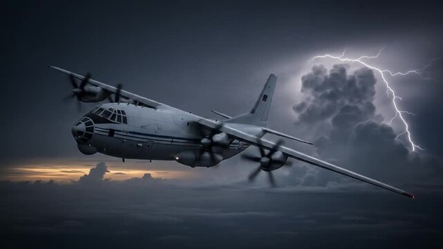 Military cargo plane flies through turbulent skies during a lightning storm at dusk
