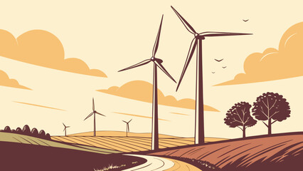 Wind turbine farm landscape illustration for renewable energy and green power generation concept design