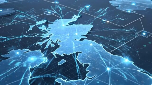 Digital United Kingdom Map With Glowing Network Connections Showing Futuristic Data Communication And Technology Grid