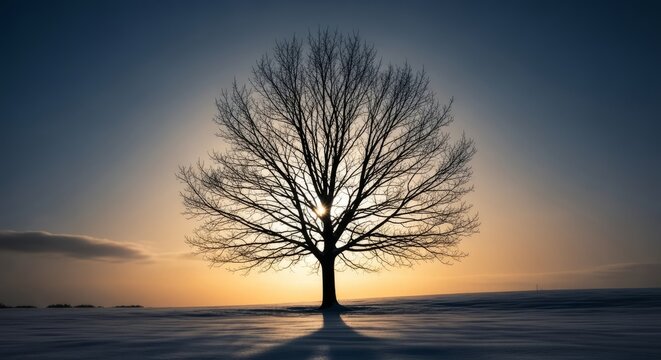 Stunning winter landscape featuring a solitary tree silhouetted against a vibrant golden sunset glow