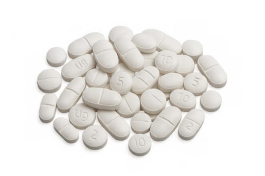 Pills and tablets forming a pile, representing medicine, pharmacy, healthcare, treatment and dosage on transparent background - Powered by Adobe