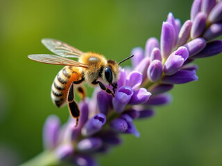 Close-up macro shot of a honey bee collecting nectar on vibrant purple lavender flowers against a bright green summer bokeh background.