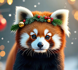 Close-up of an adorable Red Panda wearing a festive Christmas wreath with berries and ornaments