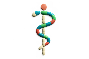 Healthcare symbol forming from colorful pills and capsules representing medicine, pharmacy, and medical treatment on transparent background