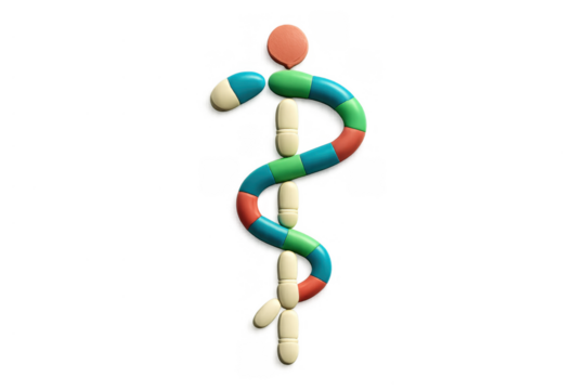 Healthcare symbol forming from colorful pills and capsules representing medicine, pharmacy, and medical treatment on transparent background