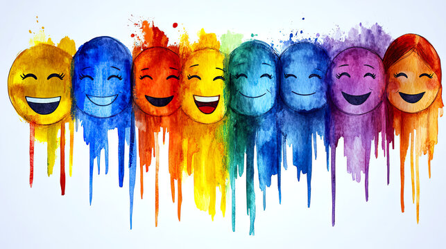 Smiling watercolor faces with rainbow colors dripping on artistic white background .Generated with AI