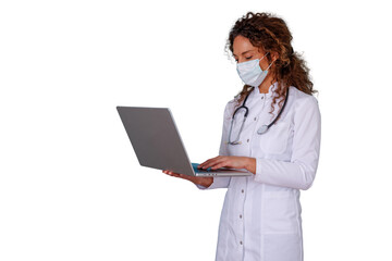 Female doctor in lab coat and face mask using laptop, providing online consultation and telemedicine service