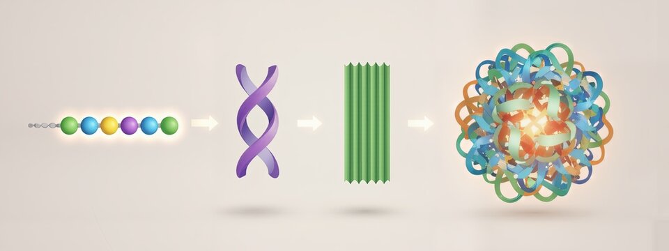 Diagram of protein structure and folding. Illustrating the stages from the amino acid chain to secondary structures (helix/sheet) and finally the complex functional 3D conformation.