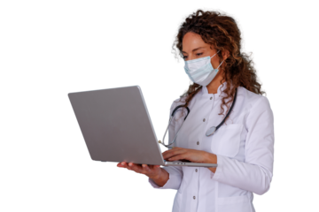 Female doctor wearing a face mask and stethoscope, teleworking on a laptop for online medical consultation, transparent background