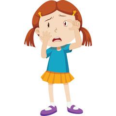 Cartoon illustration of a young girl with pigtails and big brown eyes showing distress and discomfort while rubbing her eye in a blue shirt and orange skirt