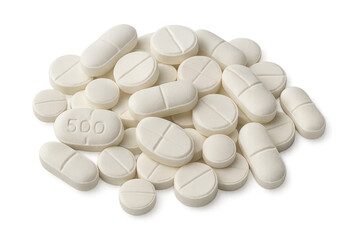 White pills forming a pile, illustrating concepts of medicine, pharmacy, health, and treatment. Transparent background provided