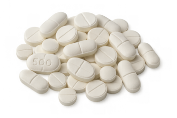 White pills forming a pile, illustrating concepts of medicine, pharmacy, health, and treatment. Transparent background provided