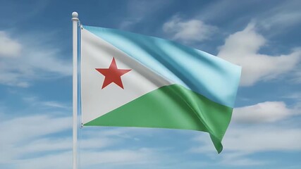 Djibouti flag waves majestically against a vibrant blue sky with fluffy white clouds, symbolizing national pride and freedom.