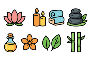 A collection of charming hand-drawn spa icons including a lotus flower candles rolled towels hot stones bamboo and oil bottle.