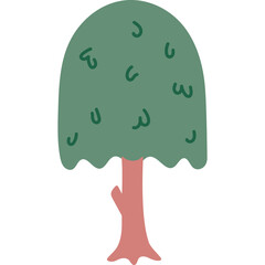 A stylized cartoon green tree with a pinkish brown trunk against a transparent white background in a simple illustration style