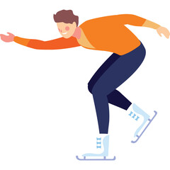 A Male Ice Skater With Brown Hair And Orange Shirt And Dark Blue Pants Leans Forward While Ice Skating On A White Background