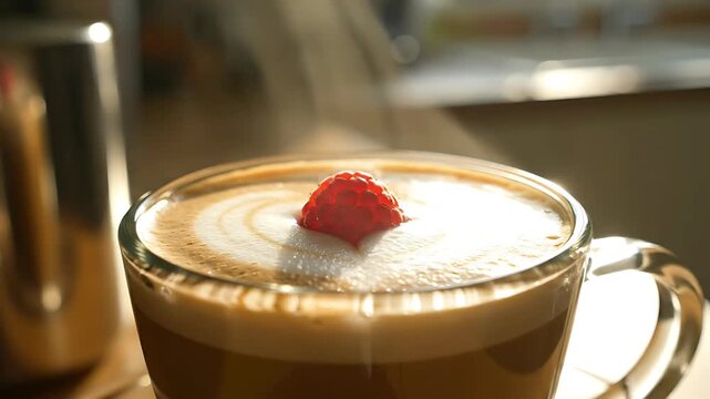 Steaming hot coffee latte with beautiful latte art topped with a fresh red raspberry a perfect morning beverage in a cozy setting warm and delicious