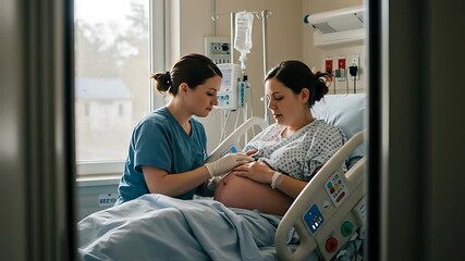 Caring nurse provides antenatal care for a pregnant woman in a hospital bed, ensuring a healthy