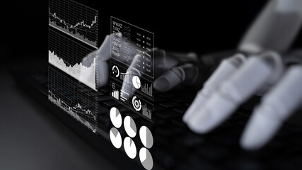 Robotic hands interact with digital graphs and data visualizations on a computer screen, illustrating advanced technology in data analysis and monitoring elements. Impute