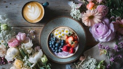 Bowl of fruit and berries sits on a plate next to a cup of coffee. The plate is decorated with flowers, creating a colorful and inviting atmosphere. The combination of the healthy fruit