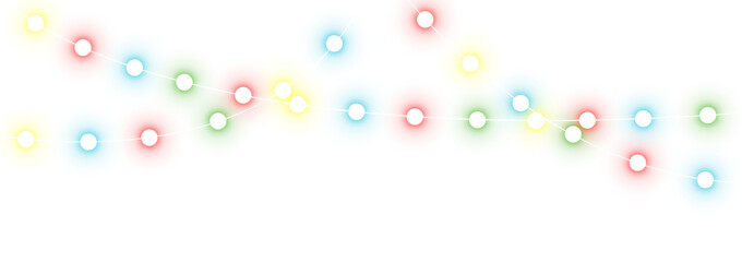 Multicolor Christmas lights. Decorative Christmas garlands. Multicolored Glowing festive Lights Garland String. PNG Transparent background.