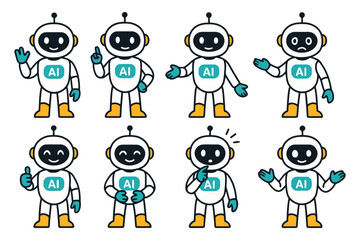 A collection of eight charming, anthropomorphic robots in different poses, each with an AI emblem and expressive faces.