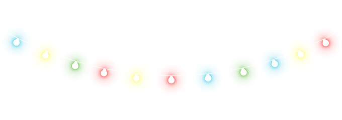 Multicolor Christmas lights. Decorative Christmas garlands. Multicolored Glowing festive Lights Garland String. PNG Transparent background.