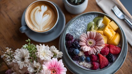 Bowl of fruit and a cup of coffee sit on a table. The bowl of fruit is topped with strawberries, blueberries, and raspberries, while the coffee is a latte with a heart design on top