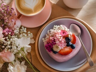 Plate of food with a spoon on it sits on a wooden tray. The tray is covered with flowers and a pink cup. The food on the plate is a dessert with strawberries and blueberries