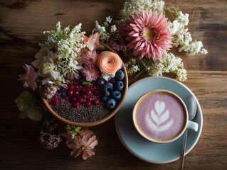 Bowl of fruit and flowers sits on a table next to a cup of coffee. The bowl is filled with berries and nuts, while the flowers are pink and white. The coffee is a light pink color