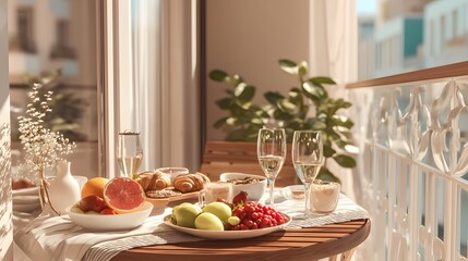 Table with a variety of fruits and a bottle of wine. The table is set for a romantic dinner