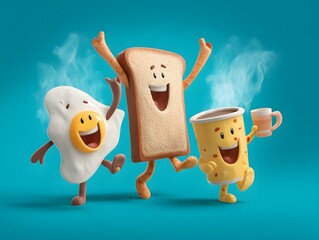 Three cartoon characters are standing on a blue background, with one of them holding a cup of coffee. The other two characters are holding a piece of toast and an egg. The image conveys a lighthearted