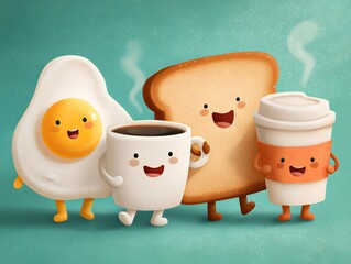 Cartoon drawing of a group of food items, including a cup of coffee, a piece of toast, and an egg, all smiling and posing for a picture. The image conveys a lighthearted and fun atmosphere