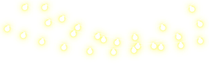 Yellow glowing lights. Decorative warm light garlands. Yellow Glowing Festive String Lights. PNG Transparent background